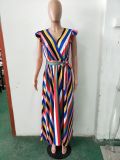 SC Rainbow Striped V Neck Maxi Dress LSD-8133