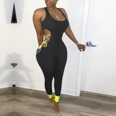 SC Plus Size Fitness Sleeveless Lace Up Hollow Jumpsuits LSD-8723
