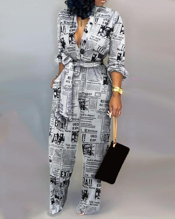 SC Plus Size Printed Long Sleeve Sashes Jumpsuits LSD-8615