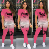 SC Pink Letter Print T Shirt Pants Two Piece Sets TK-6150