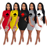 SC Poker Print Backless Short Sleeve Mini Dress IV-8166
