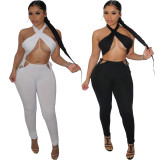 SC Sexy Solid Color Cross Halter Wrapped Chest And Pants Two Piece Set APLF-5020