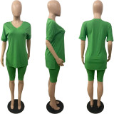 SC Fashion Large Size 5XL Solid Color Casual V-neck Short Sleeve Shorts 2 Piece Set WAF-7143