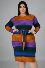 SC Plus Size Striped Ribbed Long Sleeve Sashes Midi Dress OSM-5275