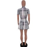 SC Plaid Print Short Sleeve Mini Skirt 2 Piece Sets XSF-6031