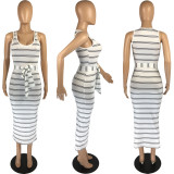 SC Casual Striped Sleeveless Sashes Long Dress MN-9286