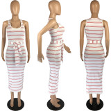 SC Casual Striped Sleeveless Sashes Long Dress MN-9286