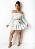 SC Solid Slash Neck Long Sleeve Top Pleated Mini Skirt 2 Piece Sets BS-1250