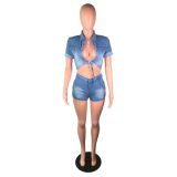 SC Denim Tie Up Tops Jeans Shorts Two Piece Suits BS-1252