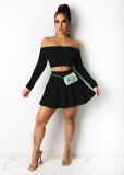 SC Solid Slash Neck Long Sleeve Top Pleated Mini Skirt 2 Piece Sets BS-1250