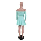 SC Solid Slash Neck Long Sleeve Top Pleated Mini Skirt 2 Piece Sets BS-1250