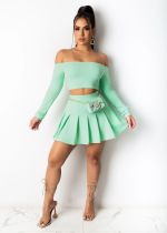 SC Solid Slash Neck Long Sleeve Top Pleated Mini Skirt 2 Piece Sets BS-1250