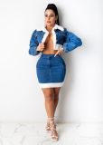 SC Denim Patchwork Jacket And Mini Skirt 2 Piece Sets MEM-8330