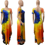 SC Plus Size Tie Dye V Neck Split Short Sleeve Maxi Dress WAF-7146