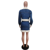 SC Denim Patchwork Jacket And Mini Skirt 2 Piece Sets MEM-8330