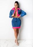 SC Denim Patchwork Jacket And Mini Skirt 2 Piece Sets MEM-8330