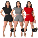 SC Solid Ribbed Short Sleeve Two Piece Shorts Set TE-4208