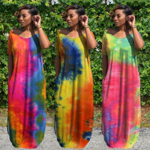 SC Plus Size Tie Dye V Neck Split Short Sleeve Maxi Dress WAF-7146