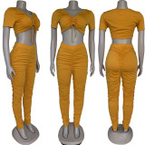 SC Sexy Solid Ruched Crop Top Pants 2 Piece Suits FNN-8585