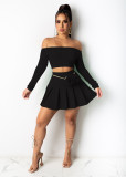 SC Solid Long Sleeve Slash Neck Pleated Mini Skirt 2 Piece Sets ML-7426