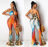 SC Sexy Printed Halter Backless Flare Jumpsuits LSL-6416