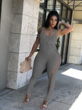 SC Plus Size Solid Sleeveless Lace Up Tight Jumpsuit CQ-099