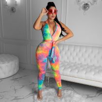 SC Sexy Backless Hooded Tie-dye Jumpsuit (including belt) WUM-2139