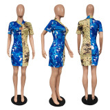 SC Fashion Print Short Sleeve Patchwork Mini Dress XMF-046