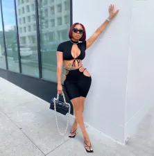 SC Solid Color Sexy Tie Up Short Sleeve Shorts Two Piece Sets YIBF-6050