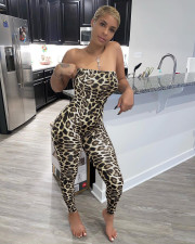 SC Leopard Print Off Shoulder Tight Tube Jumpsuits FOSF-8050