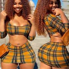 SC Fashion Plaid Print Crop Top And Short Skirt Two Piece Sets LSF-9072