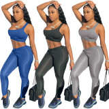 SC Fashion Sports Fitness Solid Color Tight One-shoulder Camisole Top And Pants 2 Piece Sets BLX-8002