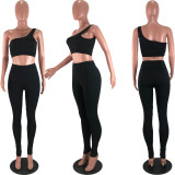 SC Fashion Sports Fitness Solid Color Tight One-shoulder Camisole Top And Pants 2 Piece Sets BLX-8002