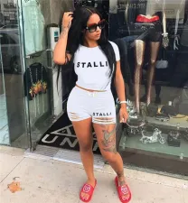 SC Letter Print Hole Short Sleeve Two Piece Sets LP-6277