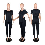 SC Solid Short Sleeve Split Top And Pants 2 Piece Sets YFS-3679