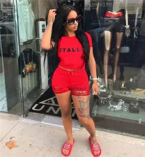 SC Letter Print Hole Short Sleeve Two Piece Sets LP-6277