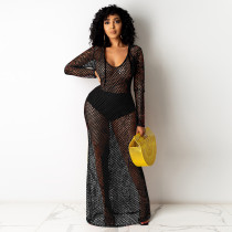 Sexy Mesh Gird Hollow Out Hooded Long Club Dress TE-4230