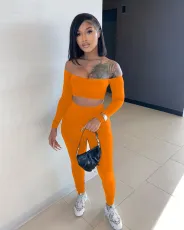 SC Solid Slash Neck Long Sleeve Two Piece Pant Sets TR-1118