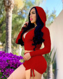 Solid Hooded Long Sleeve Two Piece Short Sets TR-1116