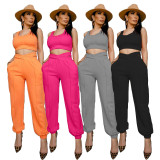 SC Solid Sleeveless Crop Top And Pants 2 Piece Sets LDS-3262