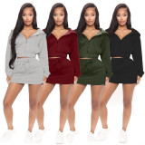 SC Solid Hooded Long Sleeve Mini Skirt 2 Piece Sets LDS-3257