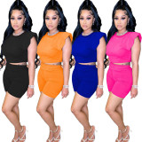SC Fashion Summer New Solid Color Shoulder Pad Top And Shorts Two Piece Sets MAE-2080