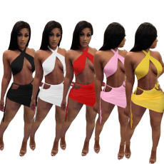 SC Solid Halter Crop Top Mini Skirt Two Piece Sets LUO-3156