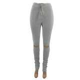 SC Casual Solid Hole Skinny Stacked Pants IV-8184