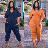 SC Plus Size Casual Solid V Neck Short Sleeve Jumpsuits OLYF-6041
