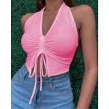 SC Sexy V Neck Ruched Halter Crop Tops AWF-5849
