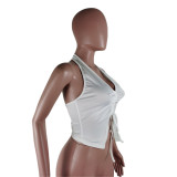 SC Sexy V Neck Ruched Halter Crop Tops AWF-5849