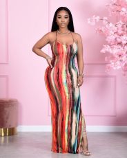 SC Sexy Printed Strappy Backless High Split Maxi Dress HMS-5440