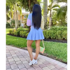 SC Striped 3/4 Sleeve Shirt Top+Pleated Mini Skirt 2 Piece Sets HMS-5438