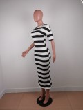 SC Casual Striped Short Sleeve Midi Dress AWF-5846